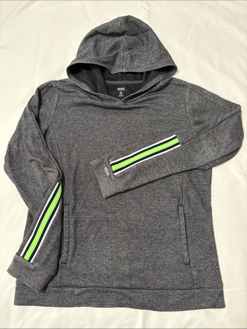 DSG Gray Hooded Pullover with Green & Black Stripe Accents
